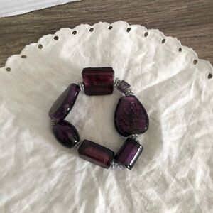 Vtg Foiled Amethyst Glass Beaded Stretch Bracelet